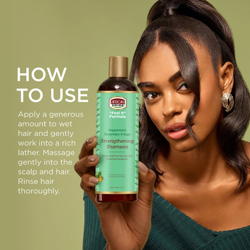 Woman holding AFRICAN PRIDE bottle labeled strengthening shampoo for hair growth with usage instructions