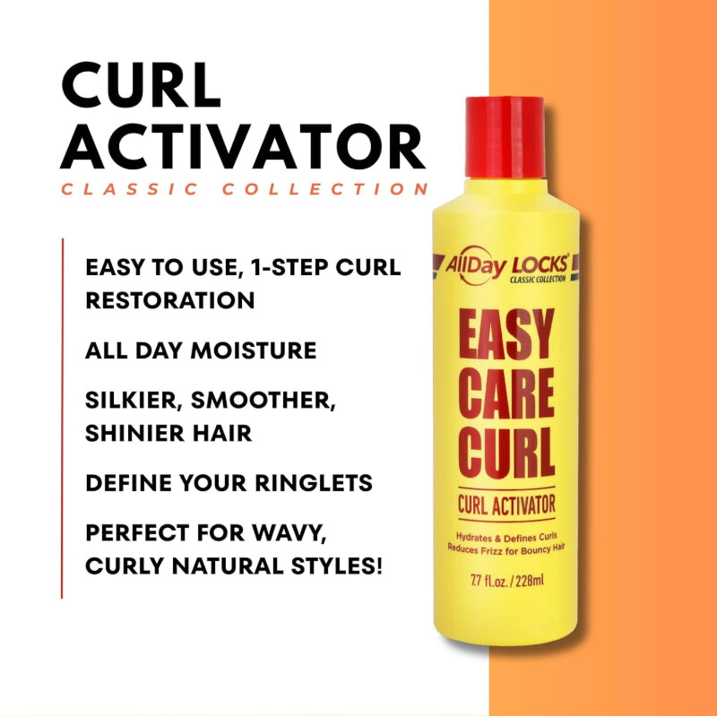 ALLDAY LOCKS Easy Care Curl yellow bottle with red cap labeled curl activator for natural hair defines ringlets