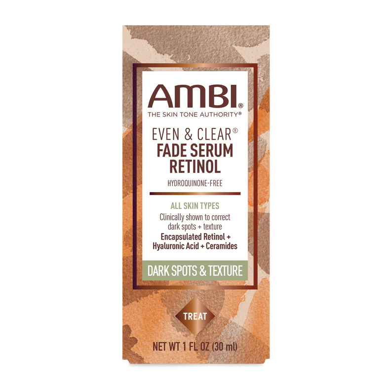 AMBI Even and Clear Fade Serum Retinol box for dark spots with hyaluronic acid hydroquinone-free dark spot serum