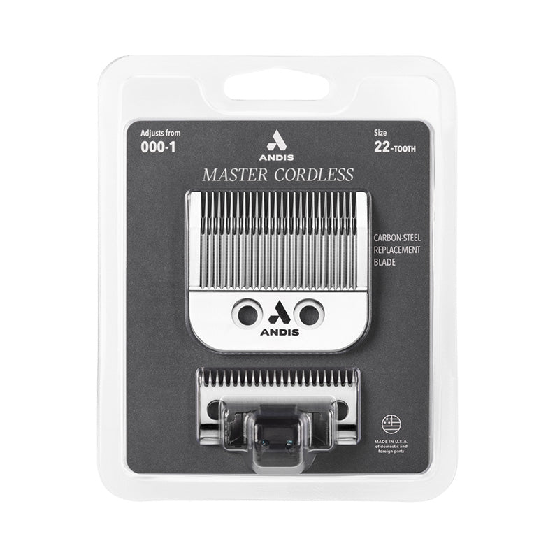 Andis Cordless Master replacement blade pack showing two carbon steel blades for Master Cordless clipper