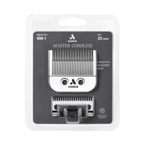 Andis Cordless Master replacement blade pack showing two carbon steel blades for Master Cordless clipper