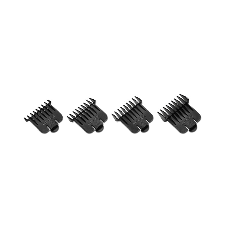 Set of four black Andis snap-on blade attachment combs set for hair clippers and trimmers