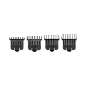 Andis snap-on blade attachment combs set four black clipper guards lined up in graduated sizes for trimming