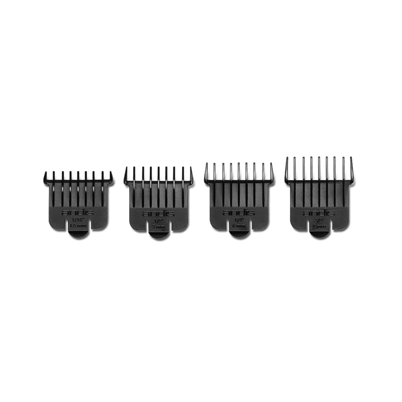 Andis snap-on blade attachment combs set four black clipper guards lined up in graduated sizes for trimming