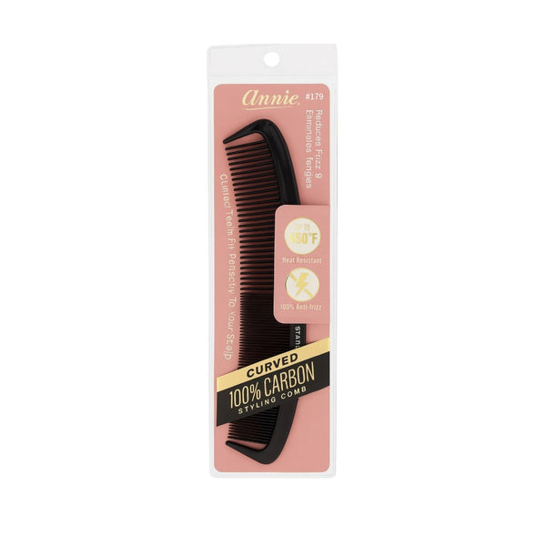 ANNIE carbon curved styling comb 100 percent carbon black curved comb with wide and fine teeth in pink packaging