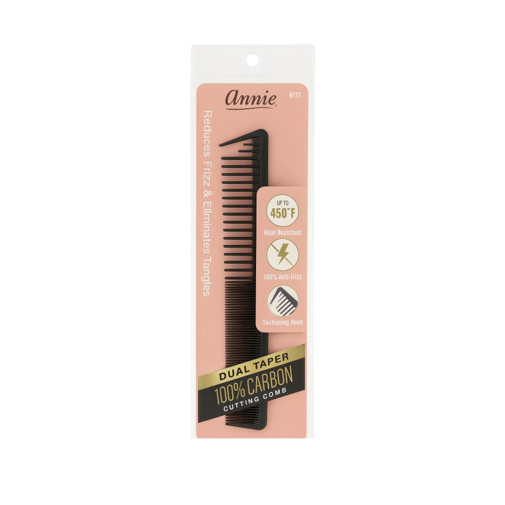 Annie black carbon dual taper cutting comb in blister pack showing 100 percent heat resistant styling tool up to 450 F