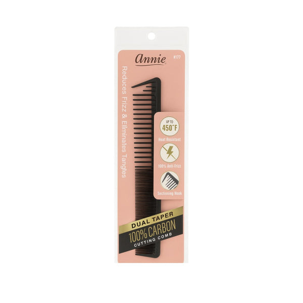 Annie black carbon dual taper cutting comb in blister pack showing 100 percent heat resistant styling tool up to 450 F