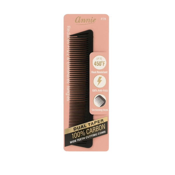 Annie carbon wide teeth cutting comb designed to reduce frizz and heat resistant up to 450 degrees