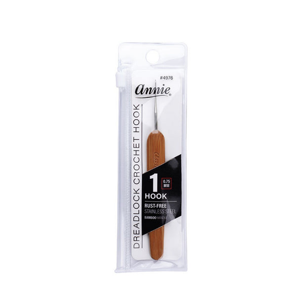 Annie dreadlock crochet needle with rust-free stainless steel hook and bamboo handle in clear packaging
