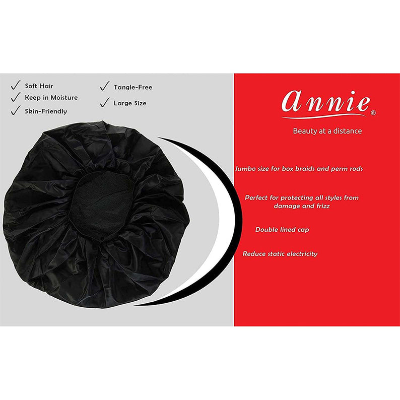 Annie extra jumbo satin sleep cap in black large size for soft hair and moisture retention