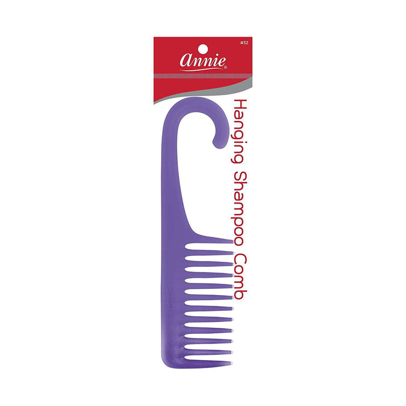 ANNIE purple hanging shampoo comb with large hook and wide teeth for detangling wet hair
