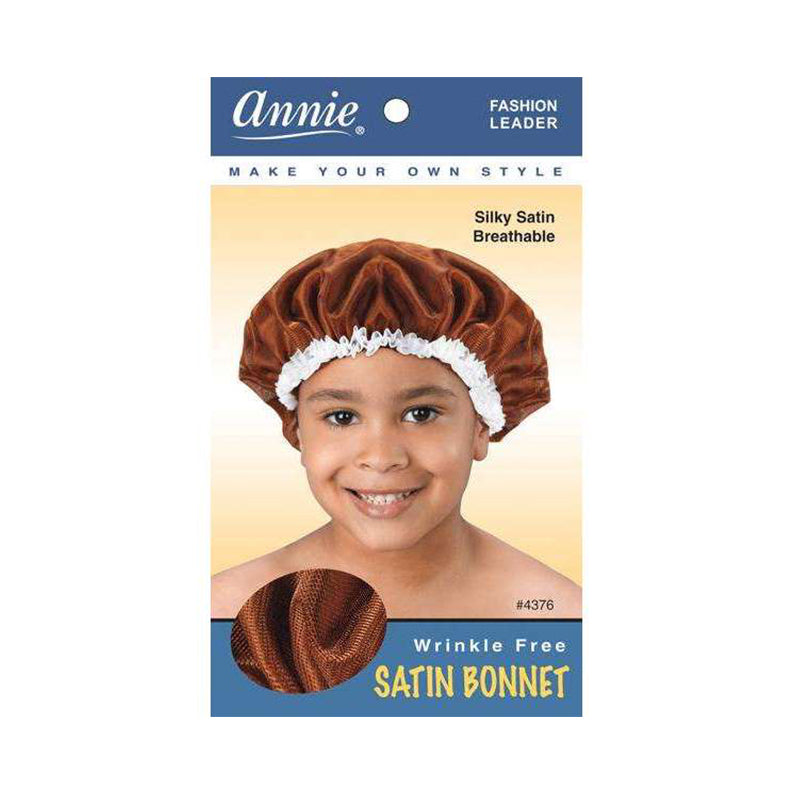 Annie kids satin bonnet brown silky breathable wrinkle free with white elastic ruffle on child
