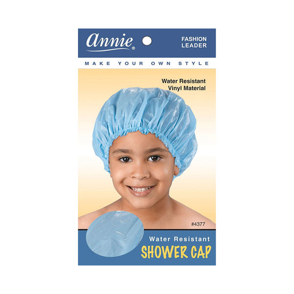 ANNIE kids shower cap large light blue water resistant vinyl on smiling child packaging