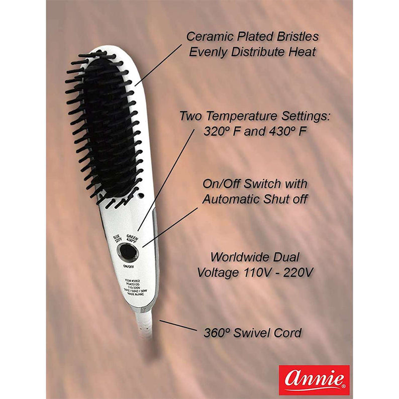 ANNIE mini heated straightening brush white with ceramic plated bristles dual voltage two temperature settings