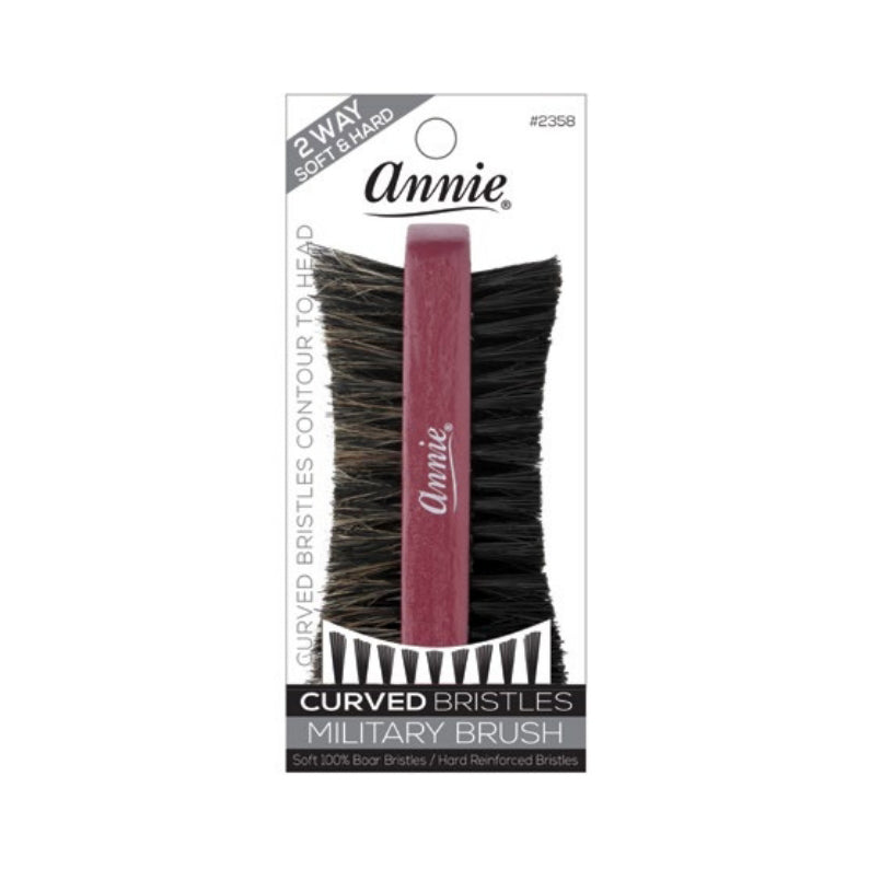 ANNIE two way military hair brush with curved boar and hard bristles on maroon wooden handle in packaging