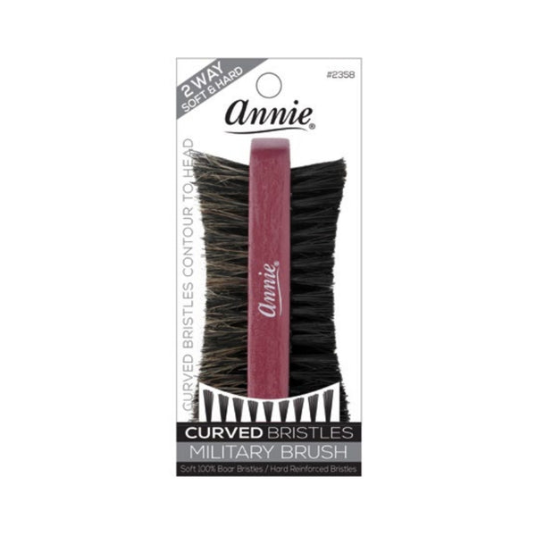 ANNIE two way military hair brush with curved boar and hard bristles on maroon wooden handle in packaging