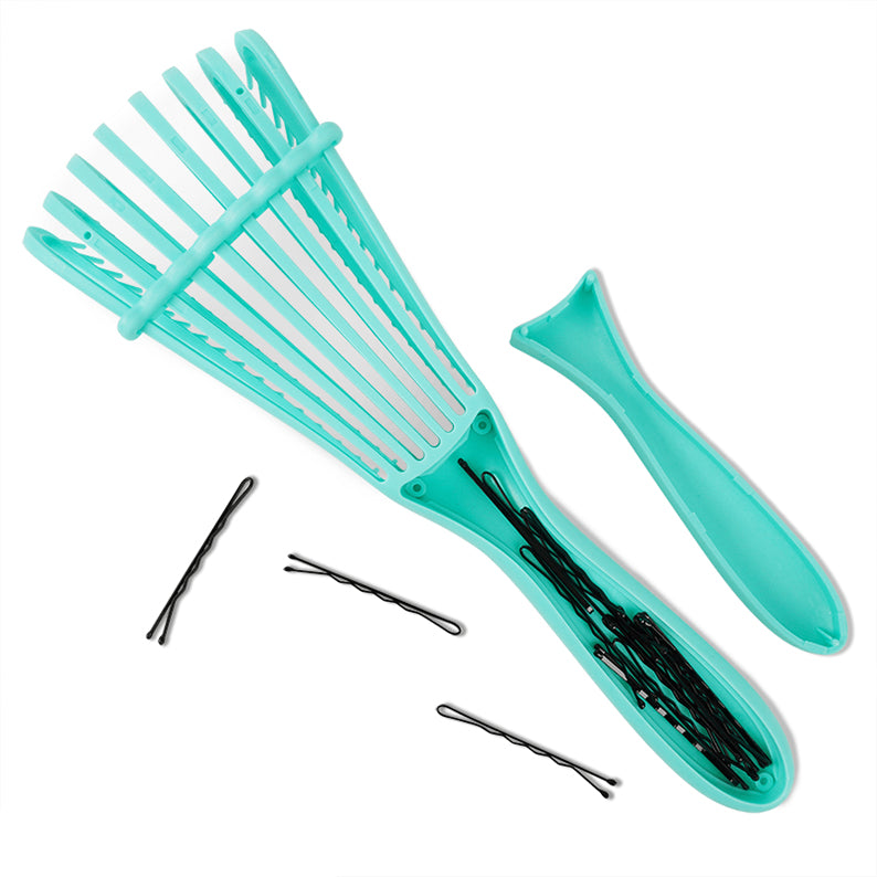 ANNIE turquoise vented detangling brush with detachable storage handle holding bobby pins for styling