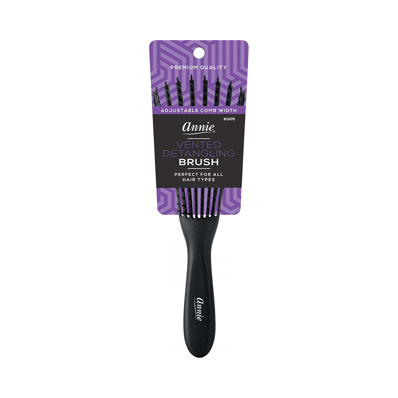 ANNIE vented detangling brush with black ergonomic handle and flexible vented teeth for all hair types