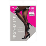 ANNIE one size package for white ultra sheer pantyhose with model legs shown in sheer black hosiery and heels