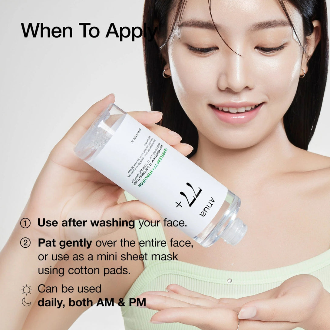 ANUA Heartleaf 77 Soothing Toner being poured into hand by smiling woman after washing face