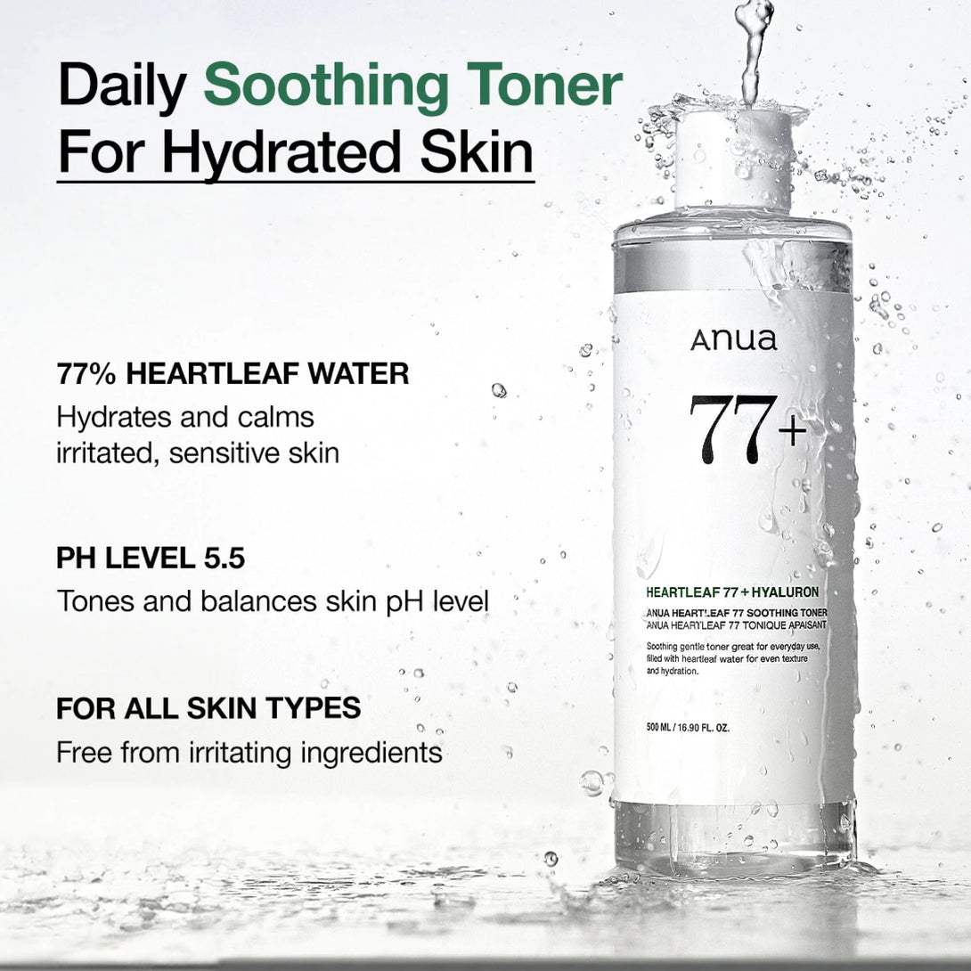 ANUA Heartleaf 77 Soothing Toner bottle with water splashes emphasizing 77 percent heartleaf hydration and calming effect