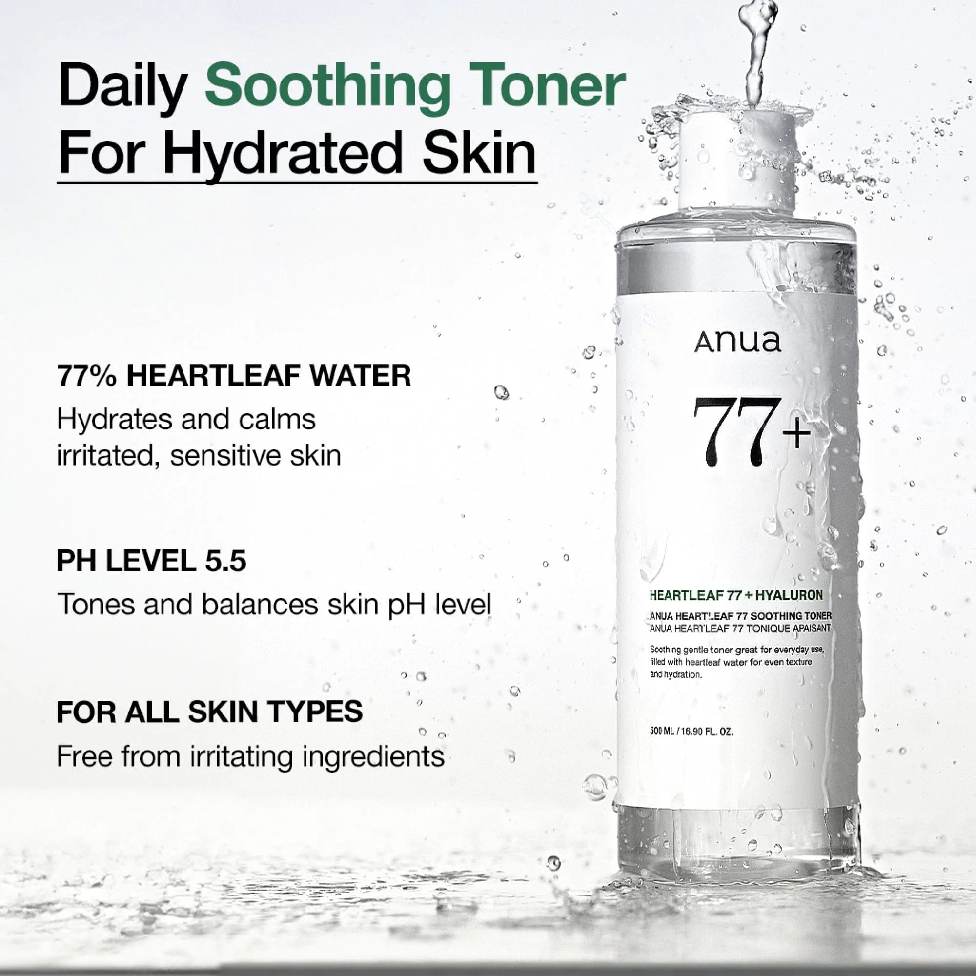 ANUA Heartleaf 77 Soothing Toner bottle with water splashes emphasizing 77 percent heartleaf hydration and calming effect