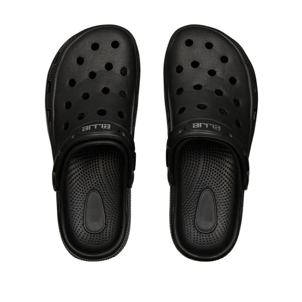 black air clog sandals RED BEAUTY by KISS top view pair with ventilation holes textured footbed and heel strap