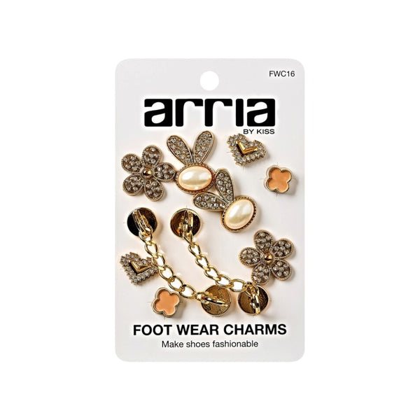 Arria by KISS gold floral pearl and crystal decorative pack of fashion shoe charms for women on white card
