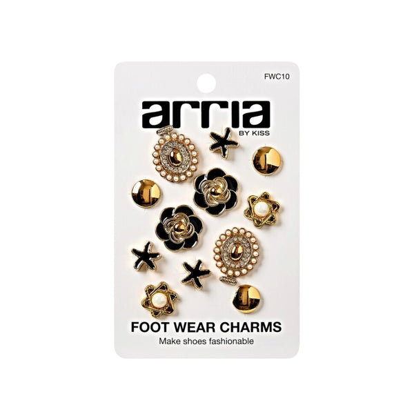 Arria by KISS packaged gold and black floral and star foot wear charms set fashion shoe charms for women