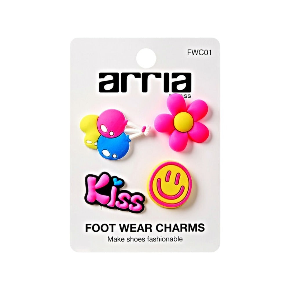 RED BEAUTY by KISS colorful footwear charms for shoes set with pink flower yellow smiley kiss logo and balloon charm