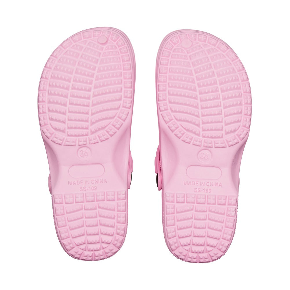 RED BEAUTY by KISS pink air clog classic pair showing textured non slip soles and heel strap