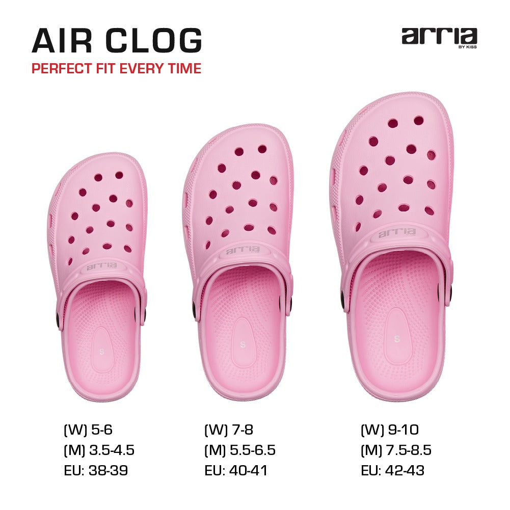 RED BEAUTY by KISS pink air clog classic three pink clogs top view with ventilation holes and strap sizes