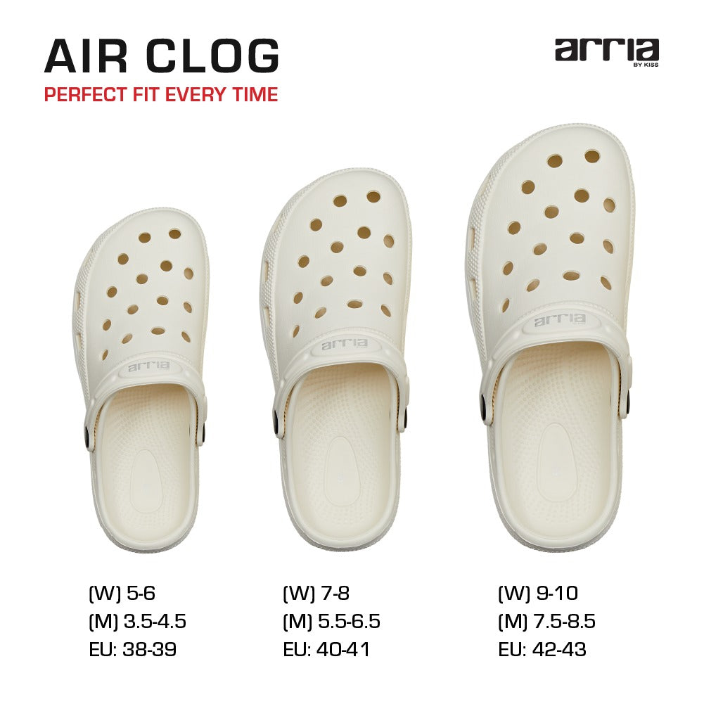 RED BEAUTY by KISS white air clog shoes trio with ventilation holes and heel strap shown in three sizes