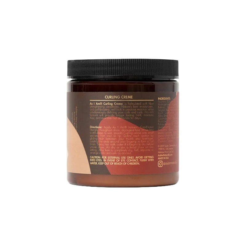 AS I AM curly hair curling cream jar with black lid showing back label and ingredient text