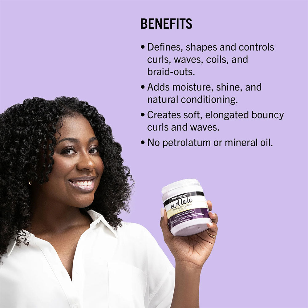 Smiling woman with natural curls holding AUNT JACKIES jar and benefits text curl defining custard for natural hair