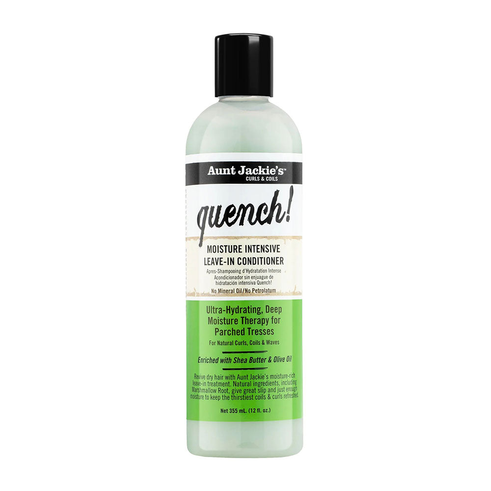 Aunt Jackies quench bottle of moisture intensive leave-in conditioner with green label and black cap