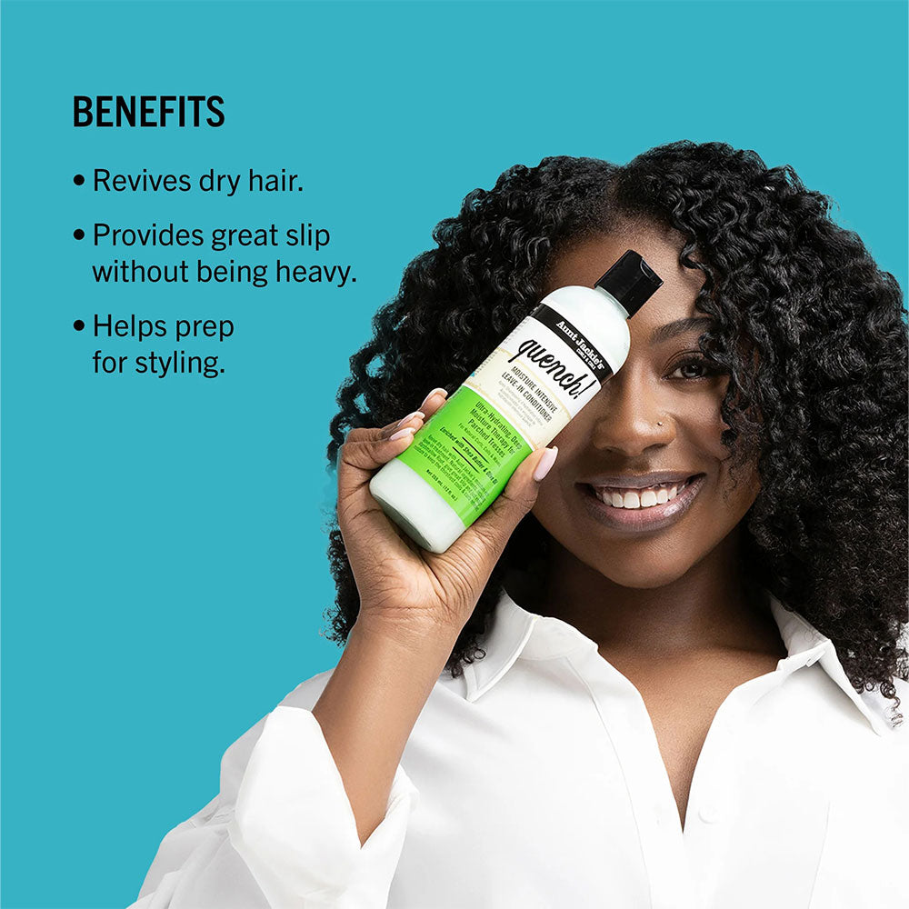 Aunt Jackies model with curly hair holding moisture intensive leave-in conditioner bottle showing benefits slip and styling prep