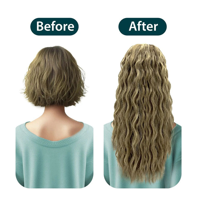 Before and after showing short hair transformed to long wavy hair with Avanti human hair blend clip in extensions