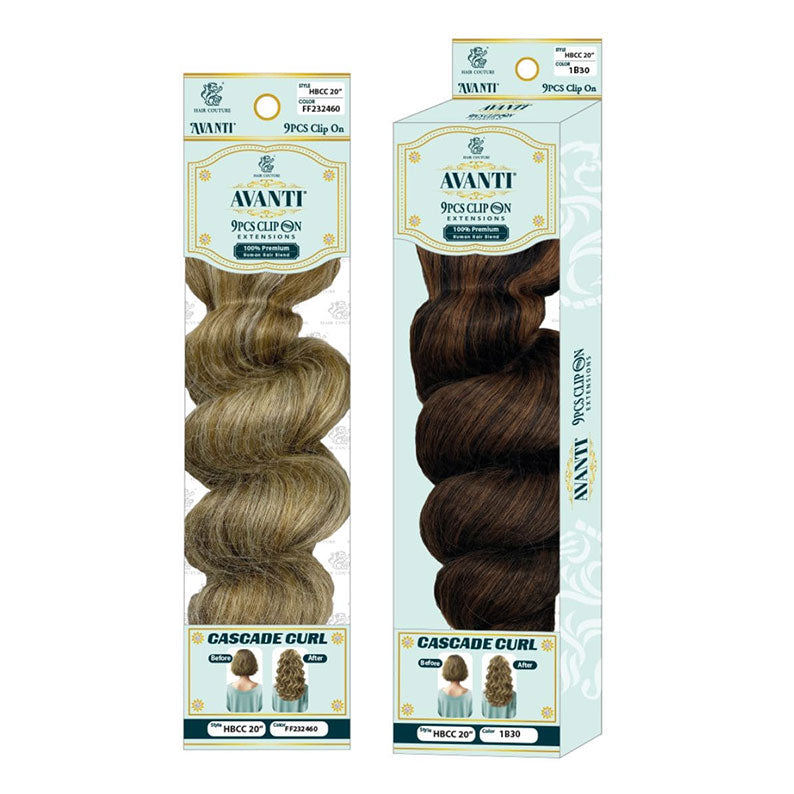 Avanti human hair blend clip on extensions cascade curl 9pcs packaging showing blonde and brown shades