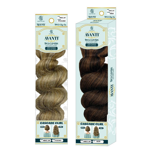 Avanti human hair blend clip on extensions cascade curl 9pcs packaging showing blonde and brown shades