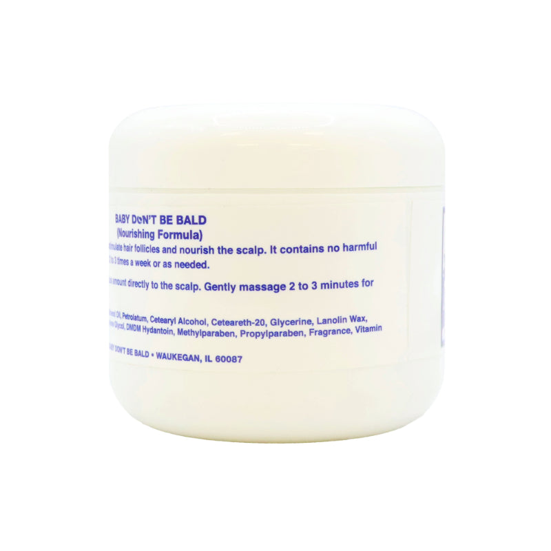 BABY DONT BE BALD white plastic jar hair and scalp nourishment cream with nourishing formula label