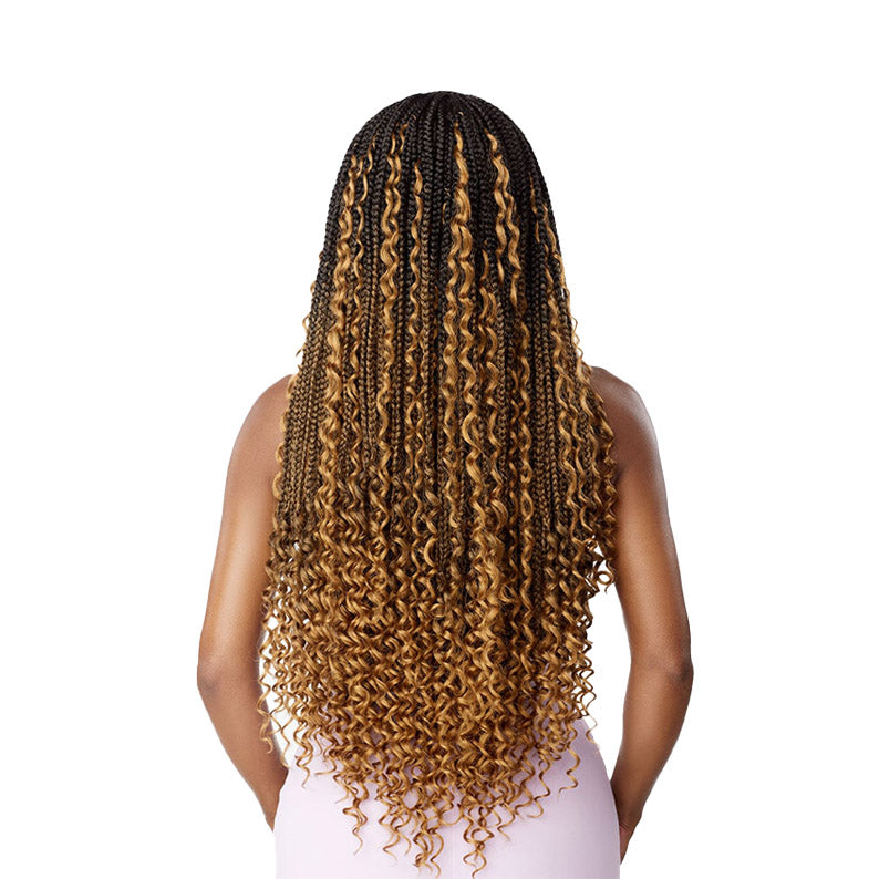 Sensationnel boho box braid hair extensions with black and caramel curls on long braided hairstyle