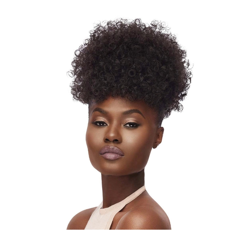 OUTRE curly ponytail with bangs high volume afro puff hairpiece on model for natural textured styles