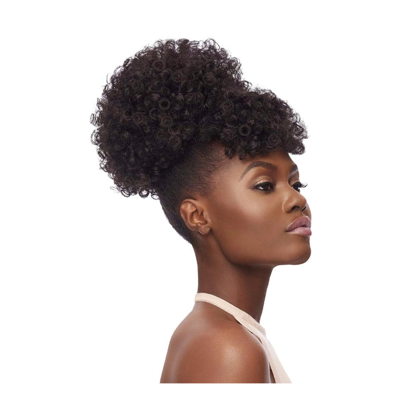OUTRE curly ponytail with bangs high textured afro puff on model with tapered sides and smooth makeup