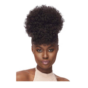 OUTRE curly ponytail with bangs high volume textured hairpiece on model for elegant updo styling