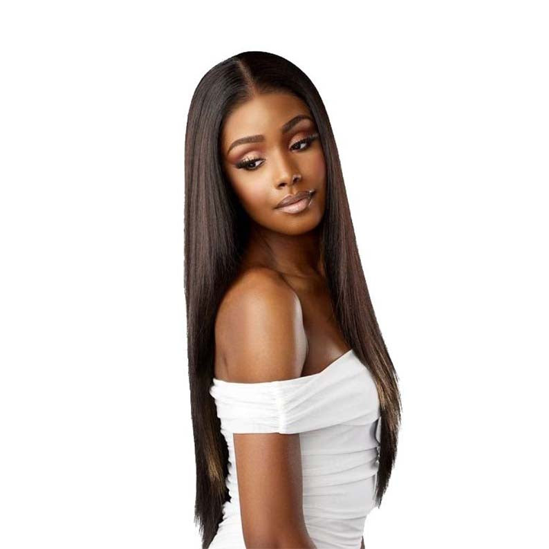 SENSATIONNEL extra transparent lace front wig long straight dark brown middle part on model