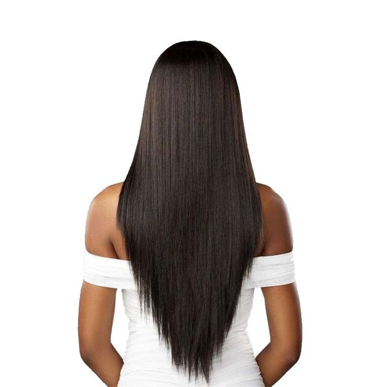 SENSATIONNEL long straight dark brown wig shown from back on model extra transparent lace front wig