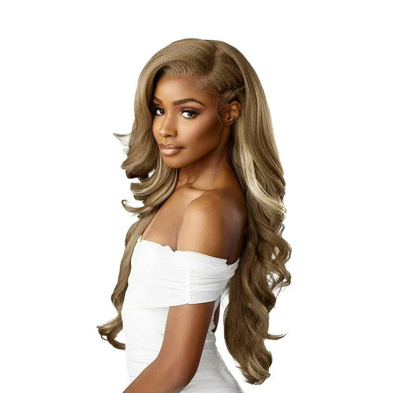 Silver brown long wavy SENSATIONNEL extra transparent lace front wig on model with side part