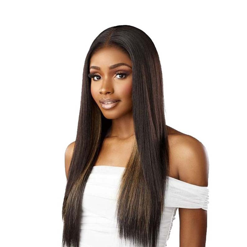 SENSATIONNEL extra transparent lace front wig long straight dark brown with subtle highlights middle part