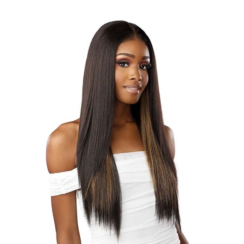 SENSATIONNEL extra transparent lace front wig long straight dark brown with subtle highlights and center part